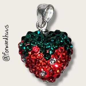 Italy 925 Sterling Silver Strawberry Pendant – Red, Green & Clear Rhinestones